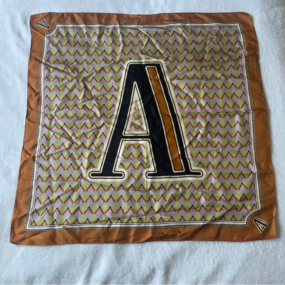 Zara Satin Scarf Square Neckerchief Bandana Letter “A” Tan Black Green Purple